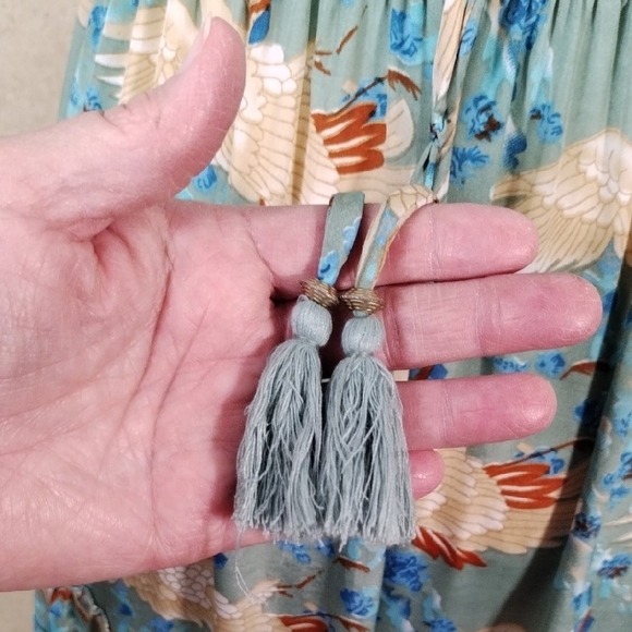 04099 Raga aqua, tan & rust bird print tiered satin strapless maxi dress M - Picture 11 of 14